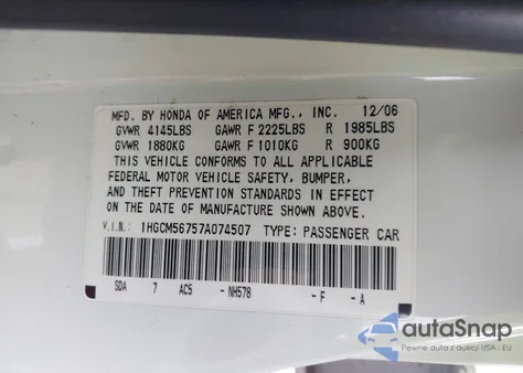 2007 Honda Accord 2.4 Ex из США, поврежденный, VIN 1HGCM56757A074507